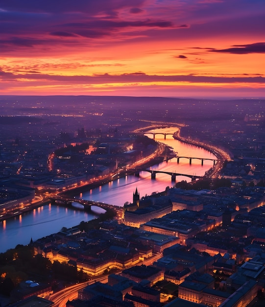 Aerial view on city by water