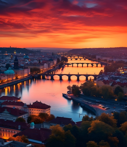 Aerial view on city by water