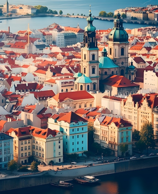 Aerial view on city by water