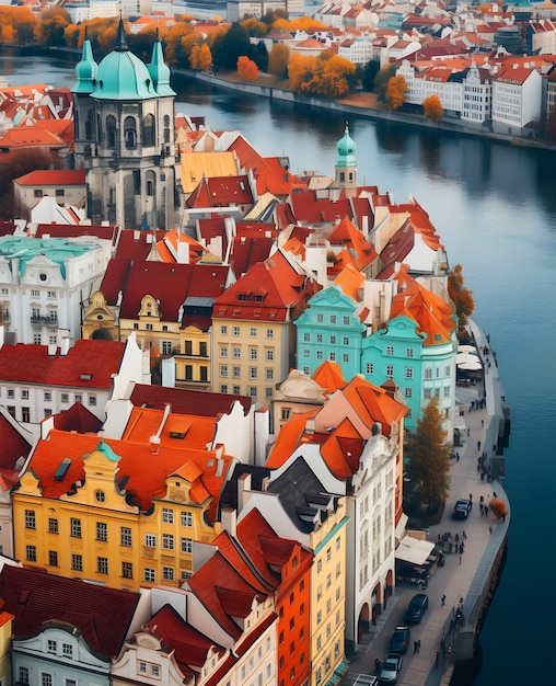 Aerial view on city by water