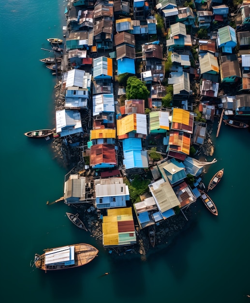 Aerial view on city by water