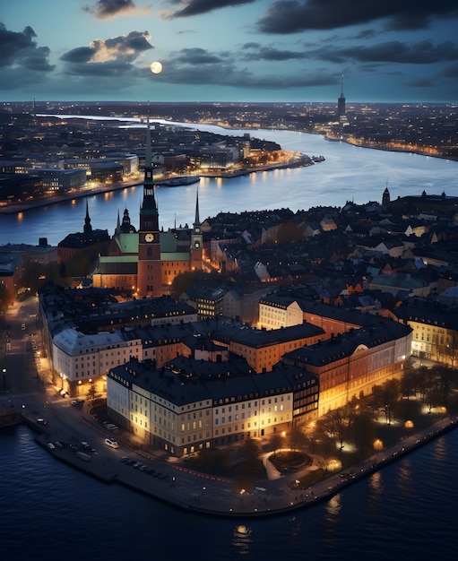 Aerial view on city by water