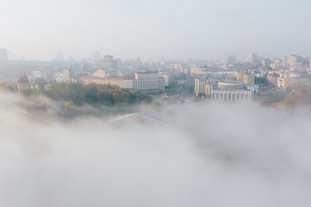 Aerial view of the city in the fog