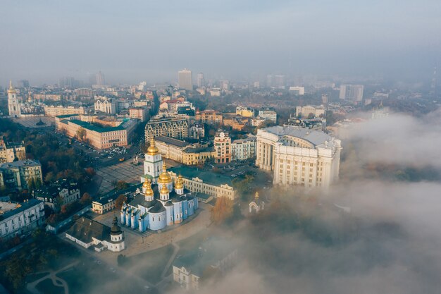 Aerial view of the city in the fog