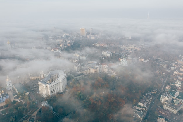 Aerial view of the city in the fog