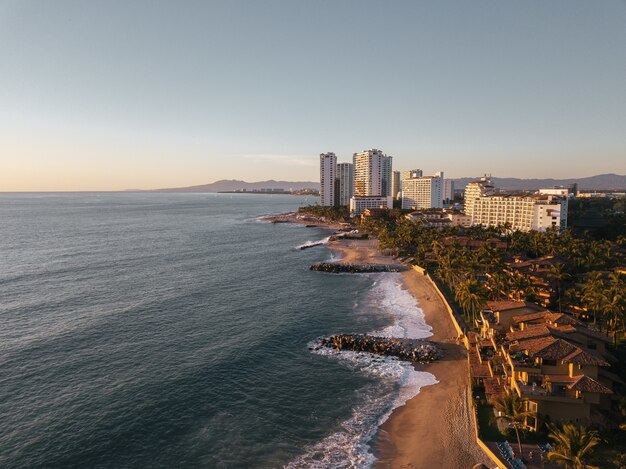 Aerial view of a coastal city