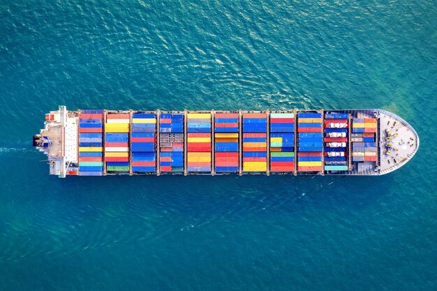 Aerial view of container cargo ship in sea.