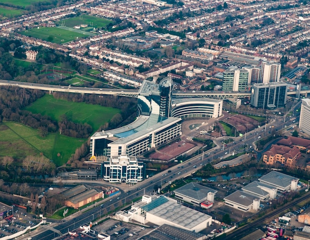 Aerial view of corporate buildings in West London, UK