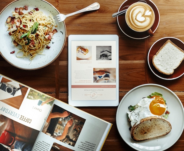 Free Photo aerial view of food breakfast on wooden table