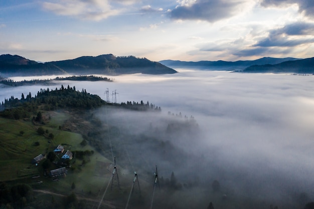 Free Photo aerial view of forest shrouded in morning fog on a beautiful autumn day