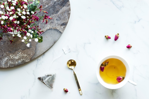 Aerial view of hot rose tea drink