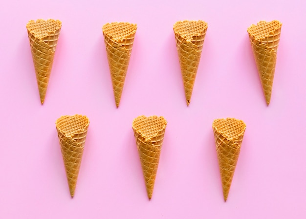 Free photo aerial view of ice cream waffle cones