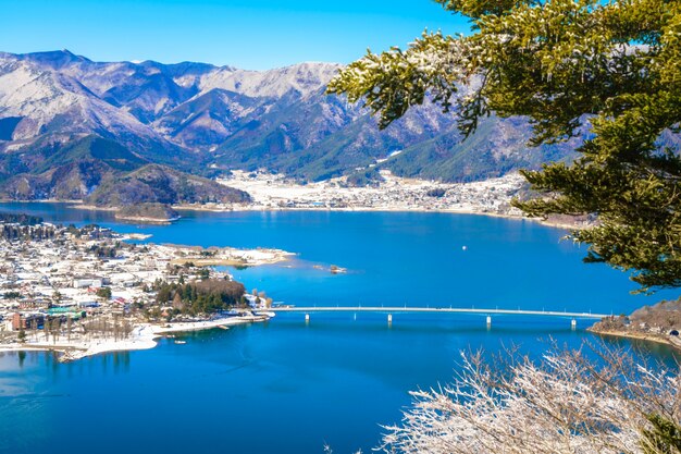 Aerial view of Kawaguchiko lake