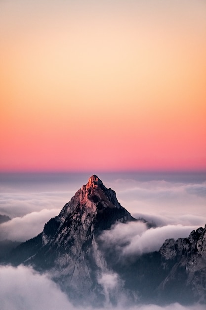 Free photo aerial view of a mountain covered in fog under the beautiful pink sky