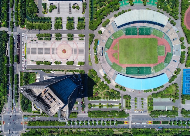 An aerial view of a museum and football stadium