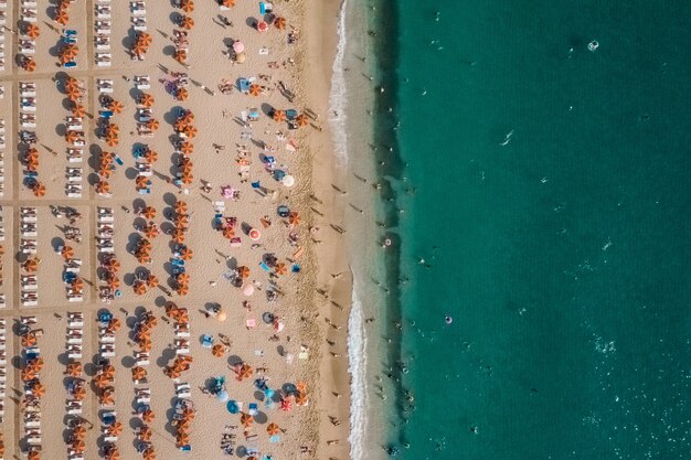 Aerial view of people resting on the beach near the sea