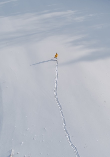 Free photo aerial view of a person walking in a field covered in snow