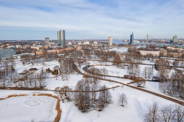 Aerial view of the Riga city in Latvia in winter