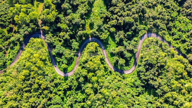 Aerial view of road in mountains.