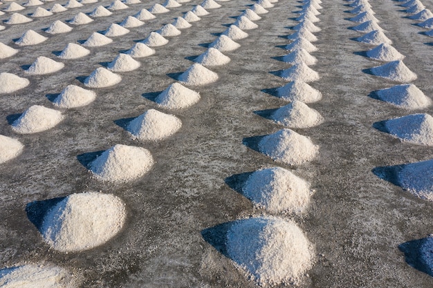 Aerial view of Salt in salt farm ready for harvest, Thailand