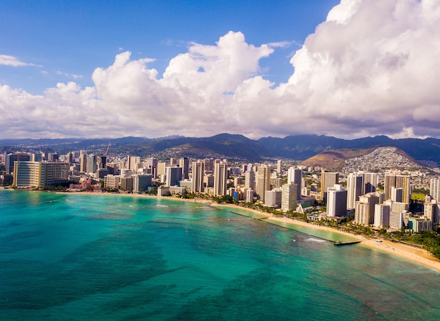 Aerial view of the shore of Waikiki in Honolulu, USA