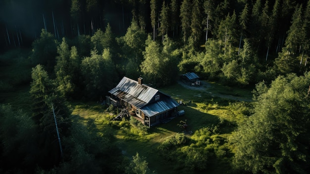 Free photo aerial view of a small forest cabin