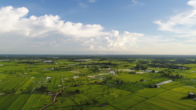 Aerial view over small village, Country roadside.