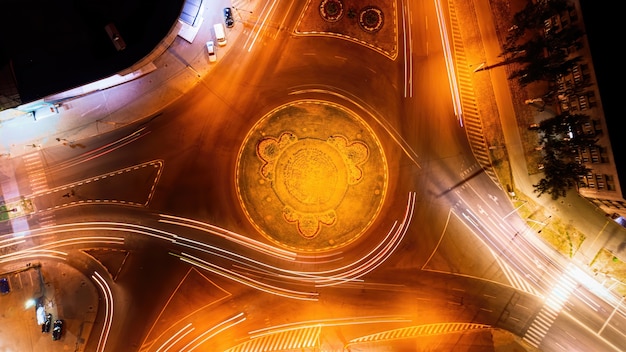 Aerial view of street roundabout at night