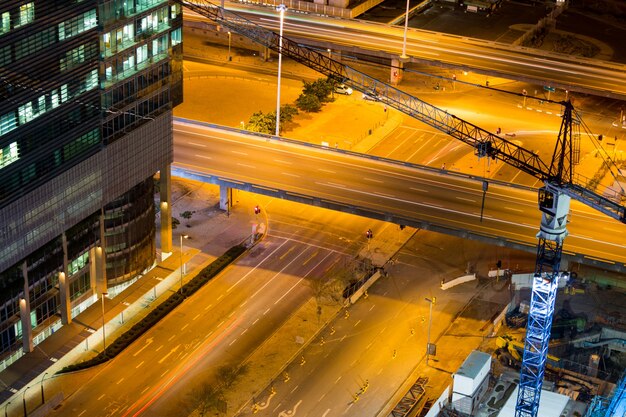 Aerial view of streets and office building in business district