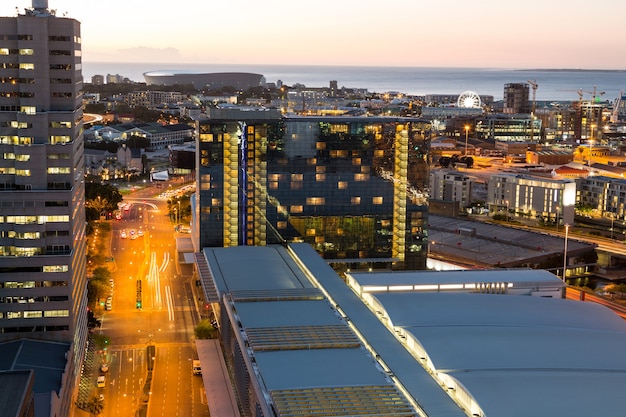 Free photo aerial view of streets and office building in business district