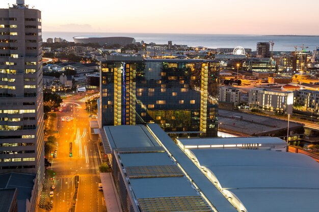 Aerial view of streets and office building in business district