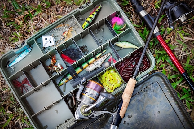 Aerial view of tackle box on the ground