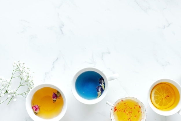 Aerial view of various hot tea drinks