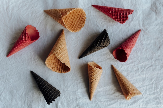 Free Photo aerial view of various waffle cones