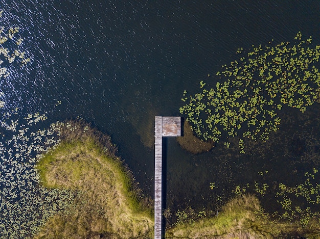 Free Photo aerial view of a wooden pathway over the water near a grassy shore