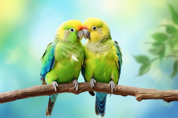 Affectionate birds sitting together on a branch