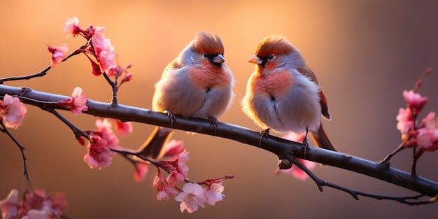 Affectionate birds sitting together on a branch