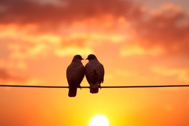 Affectionate pigeons sitting together on a wire at sunset