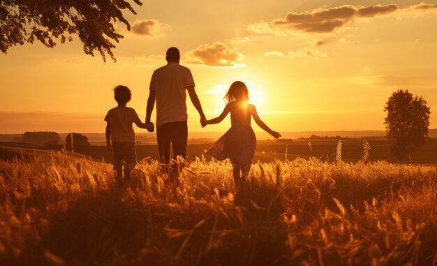 Affectionate relationship of family on a field during sunset