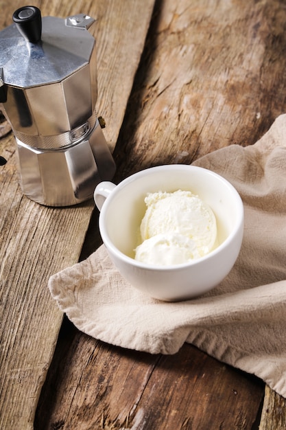 Affogato coffee with ice cream on a cup