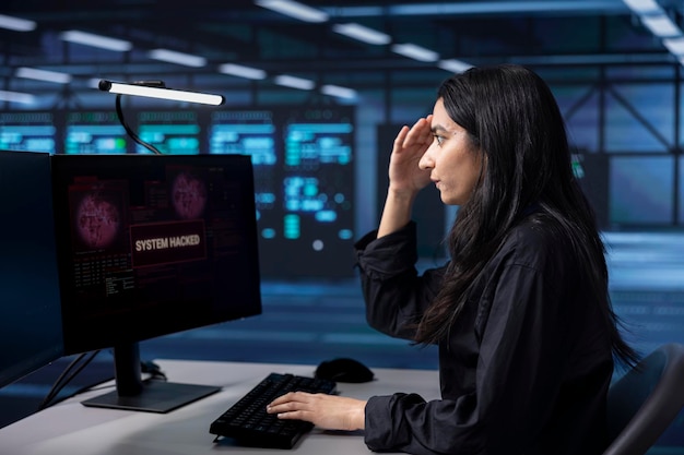 Free Photo afraid woman panicking trying to save data center from unauthorized access