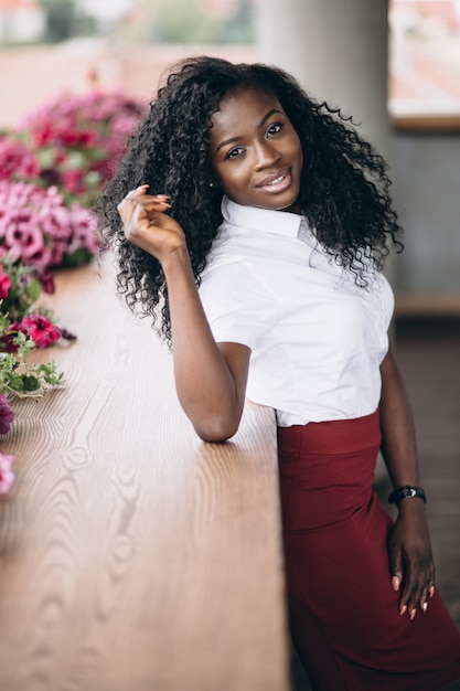 African american business woman on balcony