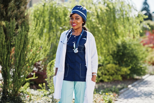 African american doctor female with stethoscope posed outdoor