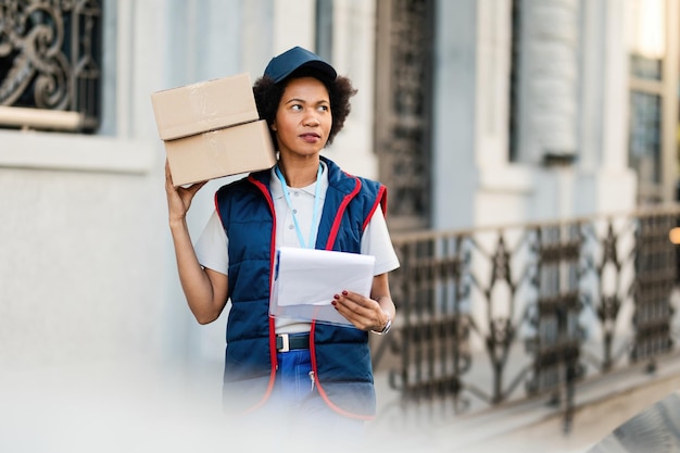 Free photo african american female courier standing on the street with packages and clipboard while making delivery in the city