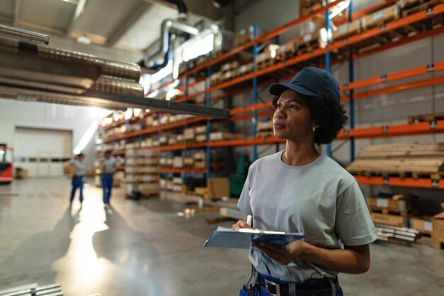 African American female worker taking notes while inspecting steel products in a warehouse