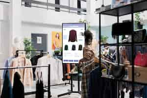 Free photo african american man looks at clothes online on touch screen monitor in fashion boutique at mall, self service board. male customer looking for trendy clothes and items on retail kiosk display.