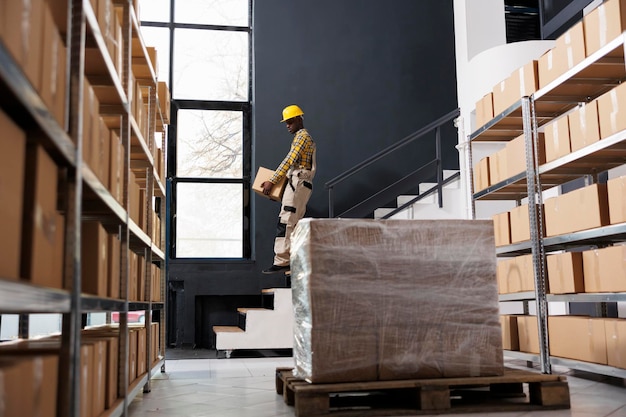 African american shipping company loader carrying heavy parcel downstairs