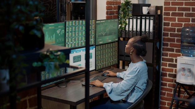 African american woman analyzing stock market investment and sales exchange with statistics charts and graphs on multi monitors. Stockbroker using financial banking prices to share profit.