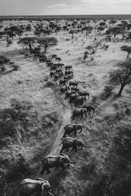 African savannah scene in black and white