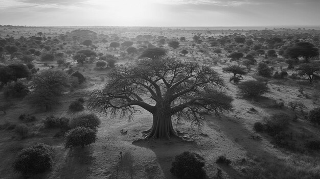 African savannah scene in black and white